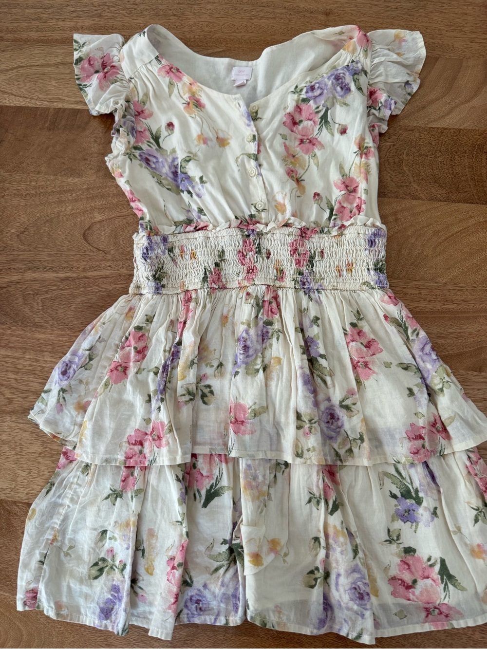 LoveShackFancy Girls Cream Floral Tiered Dress with Pink and Purple Blooms